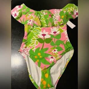COPY - New With Tags TRINA TURK La Palma 1 Piece Off the Shoulder Ruffle Swimsu…